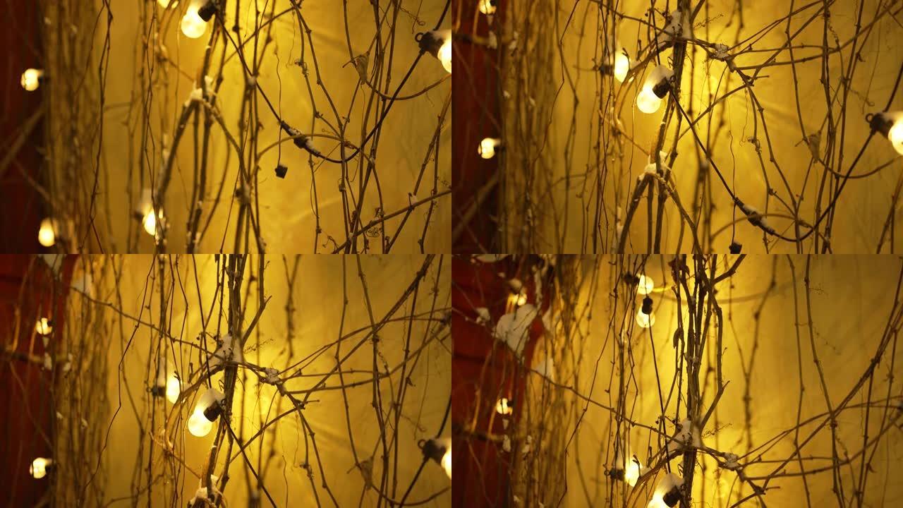 墙上挂着干植物和花环，在夜晚闪闪发光
