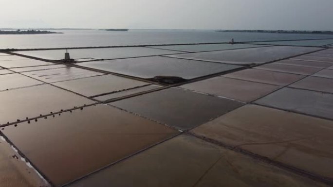 日落时意大利西西里岛带风车的盐滩鸟瞰图