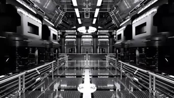 空间站或实验室用灰色装饰的走廊。未来的科幻和技术背景。