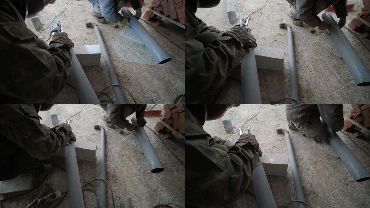 通过带有涂层电极的手动电弧焊对钢管组件的组装进行焊接工作。施工