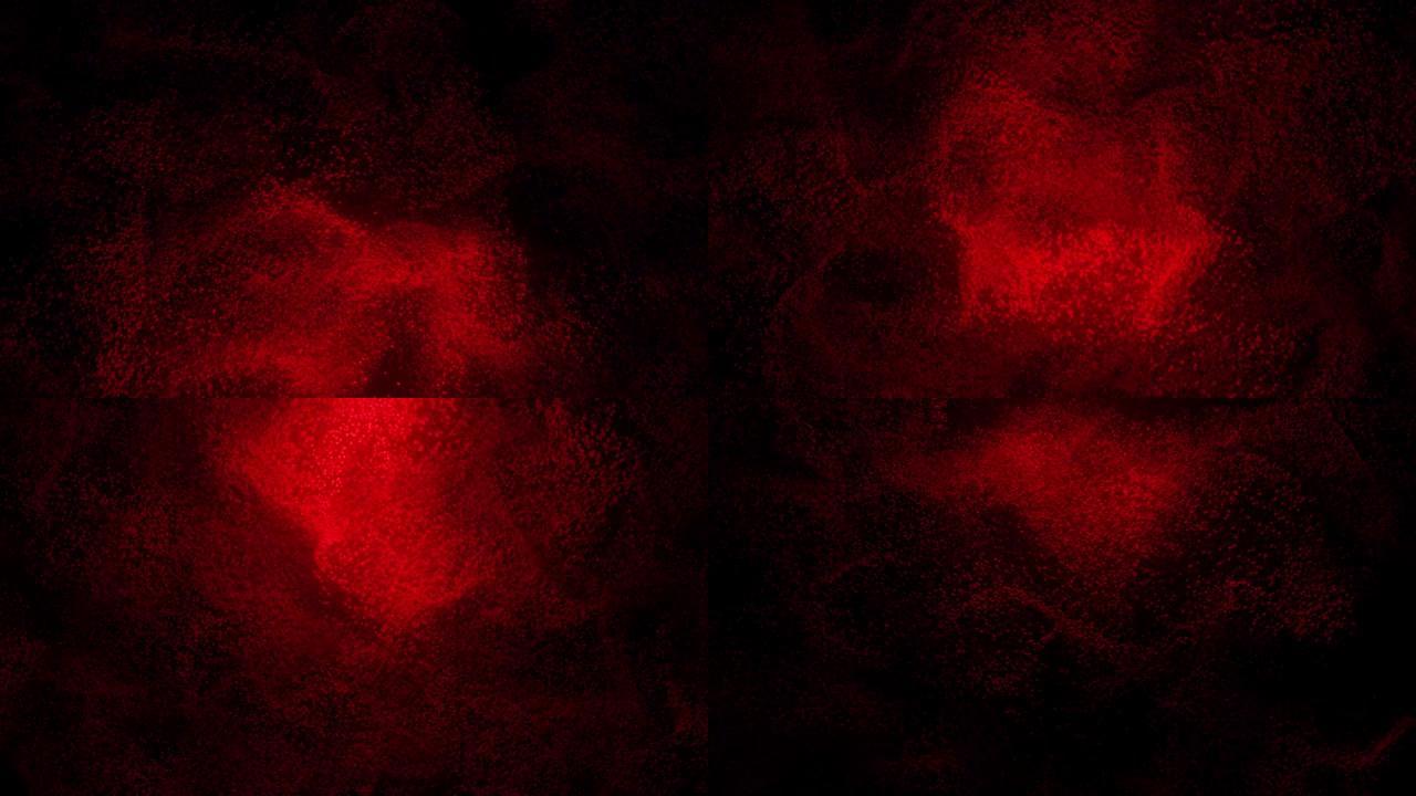 黑色背景上红沙传播的抽象图案。红点云在黑暗中旋转。虚拟数据。VJ循环运动背景。4k动画-3D渲染
