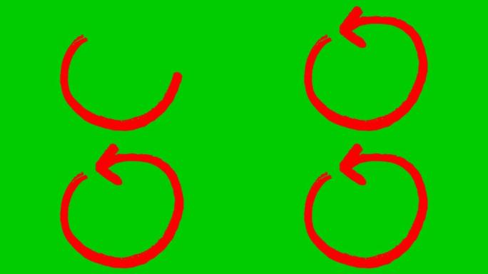 圆圈箭头的动画图标。红色符号。手绘矢量插图孤立在绿色背景上。