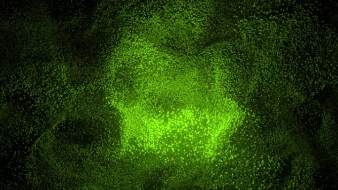 黑色背景上绿色沙子传播的抽象图案。绿点云在黑暗中旋转。虚拟数据。VJ循环运动背景。4k动画-3D渲染