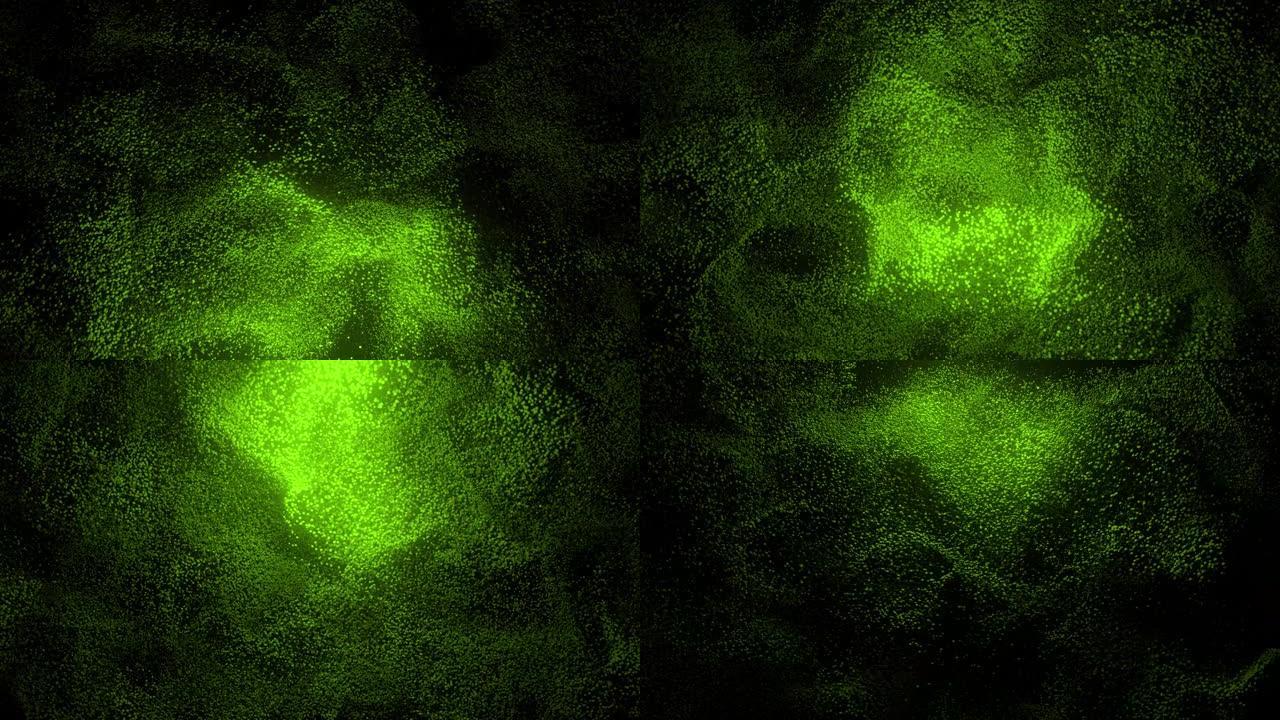 黑色背景上绿色沙子传播的抽象图案。绿点云在黑暗中旋转。虚拟数据。VJ循环运动背景。4k动画-3D渲染