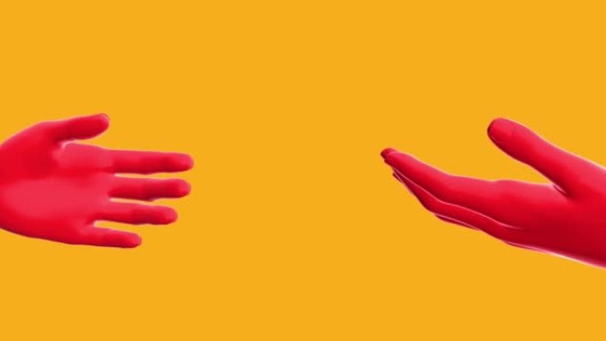 两只红色的人的手互相伸出，被隔离在黄色背景上。人的社会联系和心理关系的概念。3d数字动画。