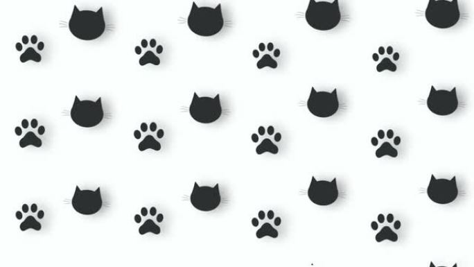 黑色猫头和爪子在白色背景上的彩色图案，带有阴影。猫爪和脸无缝图案。动物轮廓。4k视频运动