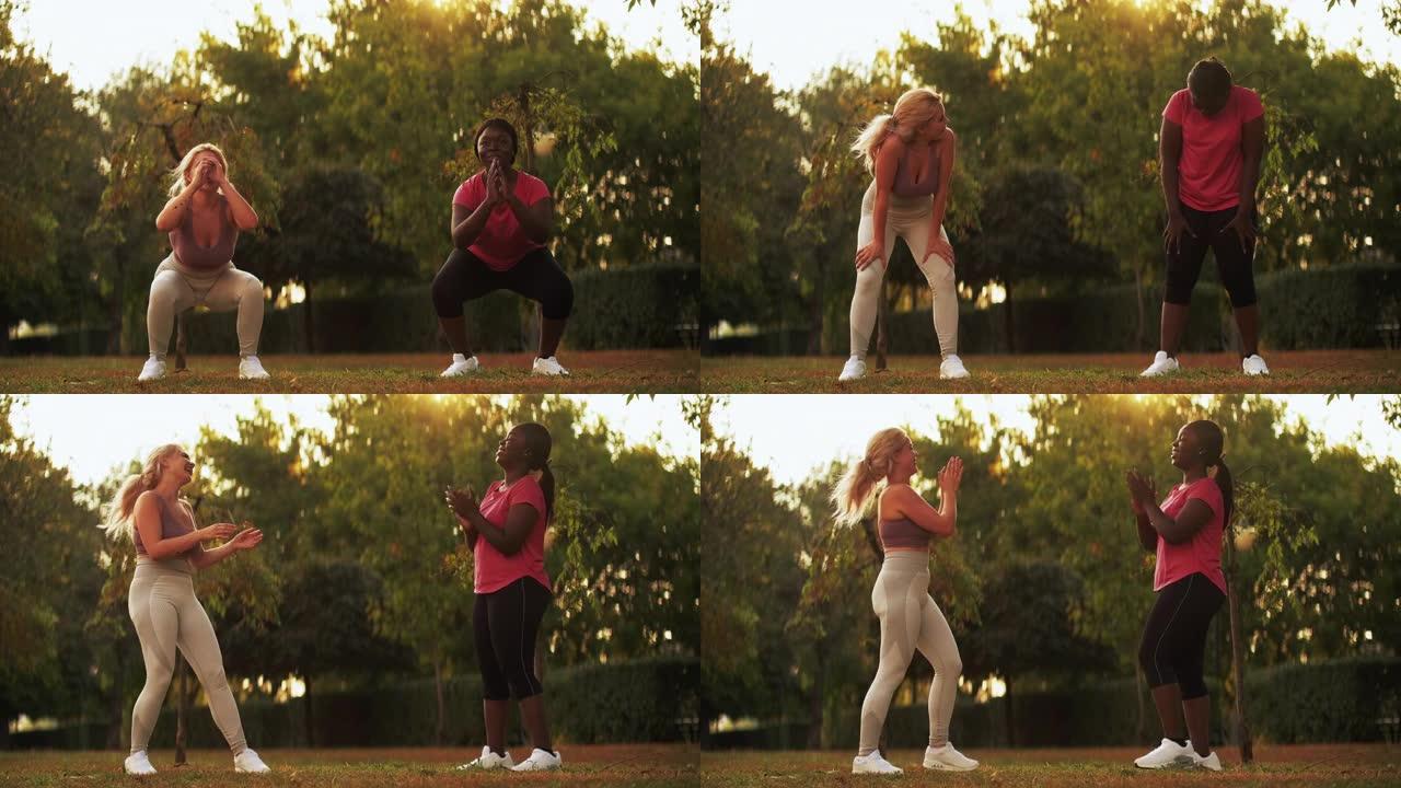 一起运动公园锻炼女性训练深蹲