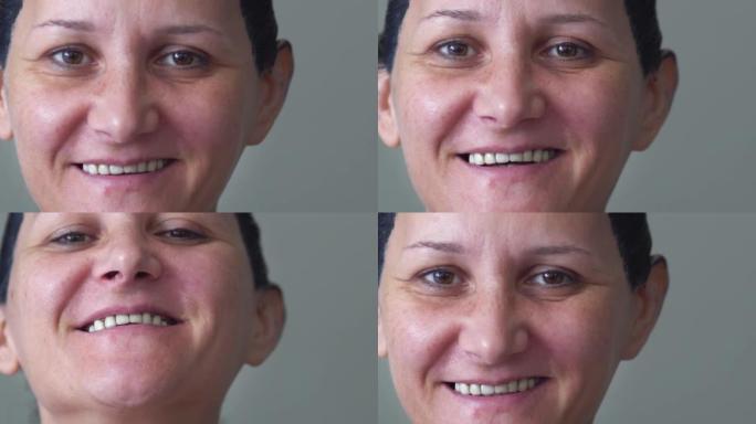 在染发过程中，用黑色染发剂微笑的快乐女性的特写肖像