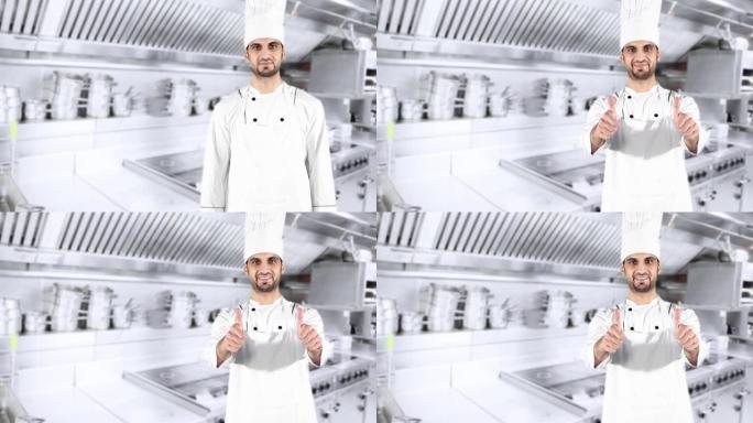男性白人厨师在厨房里露出两个大拇指，同时微笑着穿着制服