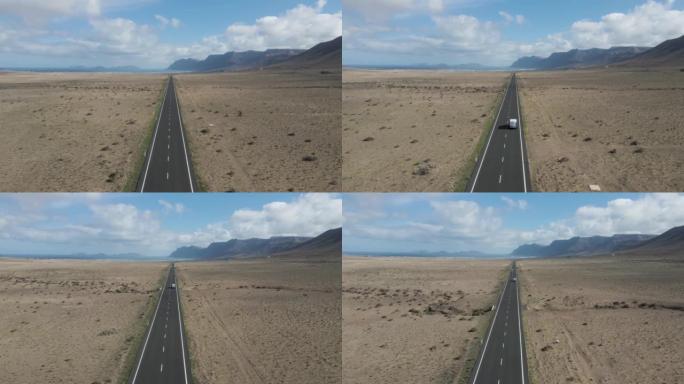 西班牙加那利群岛穿越沙漠的道路的鸟瞰图。