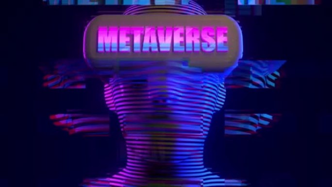 元宇宙概念。带有虚拟现实眼镜的数字3d人头和小故障背景上的铭文Metaverse。赛博朋克、synt