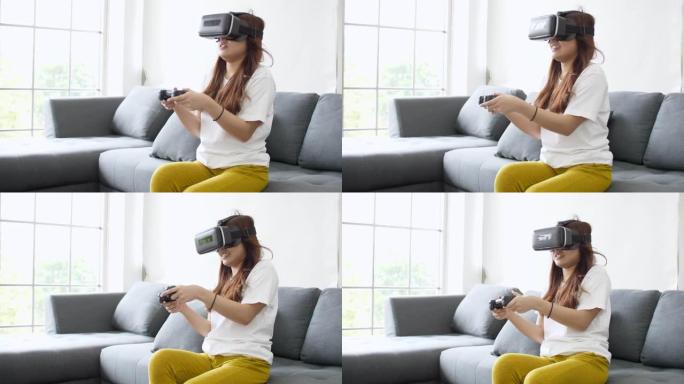 一个年轻人在家里的沙发上使用虚拟现实耳机的4k视频片段