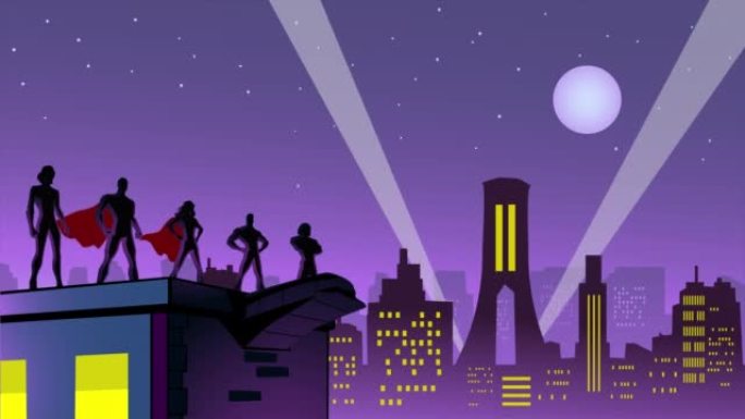 城市动画股票视频中的可循环超级英雄团队剪影