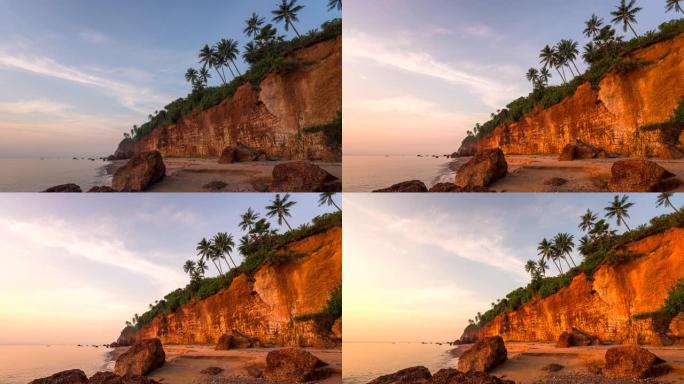 时间流逝日出的红色悬崖场景，泰国prahuapkhirikhan省泰国湾风浪侵蚀形成的红色悬崖