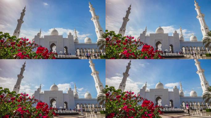 阿布扎比晴天明亮的花朵大清真寺前门全景4k延时阿联酋