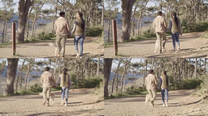 4k视频片段，一对无法识别的夫妇牵手并与他们的金毛寻回犬一起在户外徒步旅行