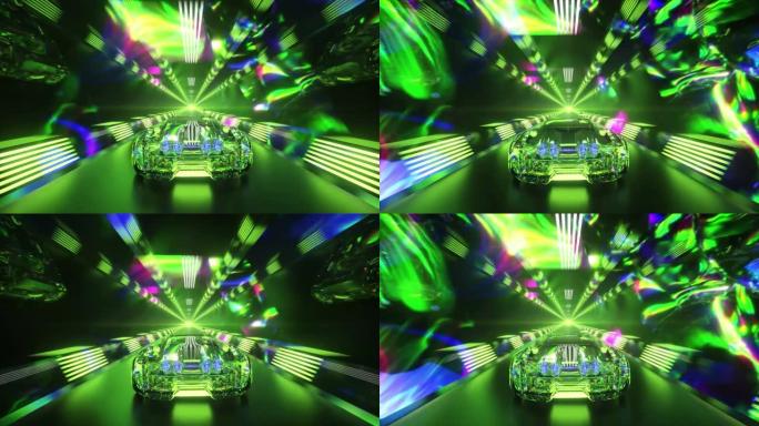 钻石车正高速驶过隧道。绿色霓虹灯。无缝循环的3d动画