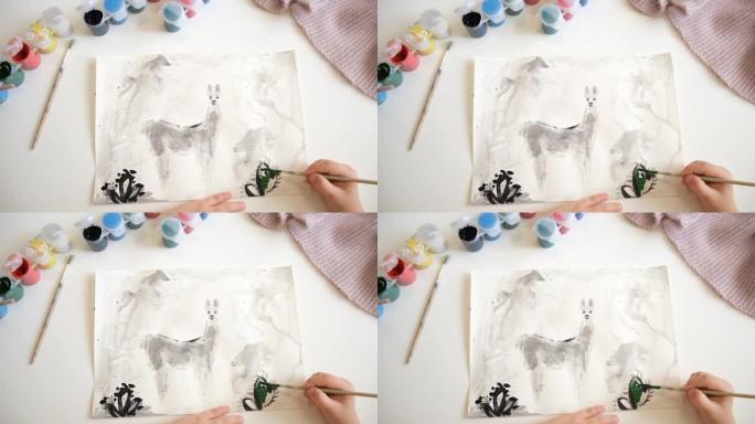 水彩手绘羊驼、美洲驼的简单插图。儿童绘画风格。野生动物。