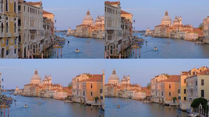 威尼斯大运河全景和圣玛利亚教堂在日落