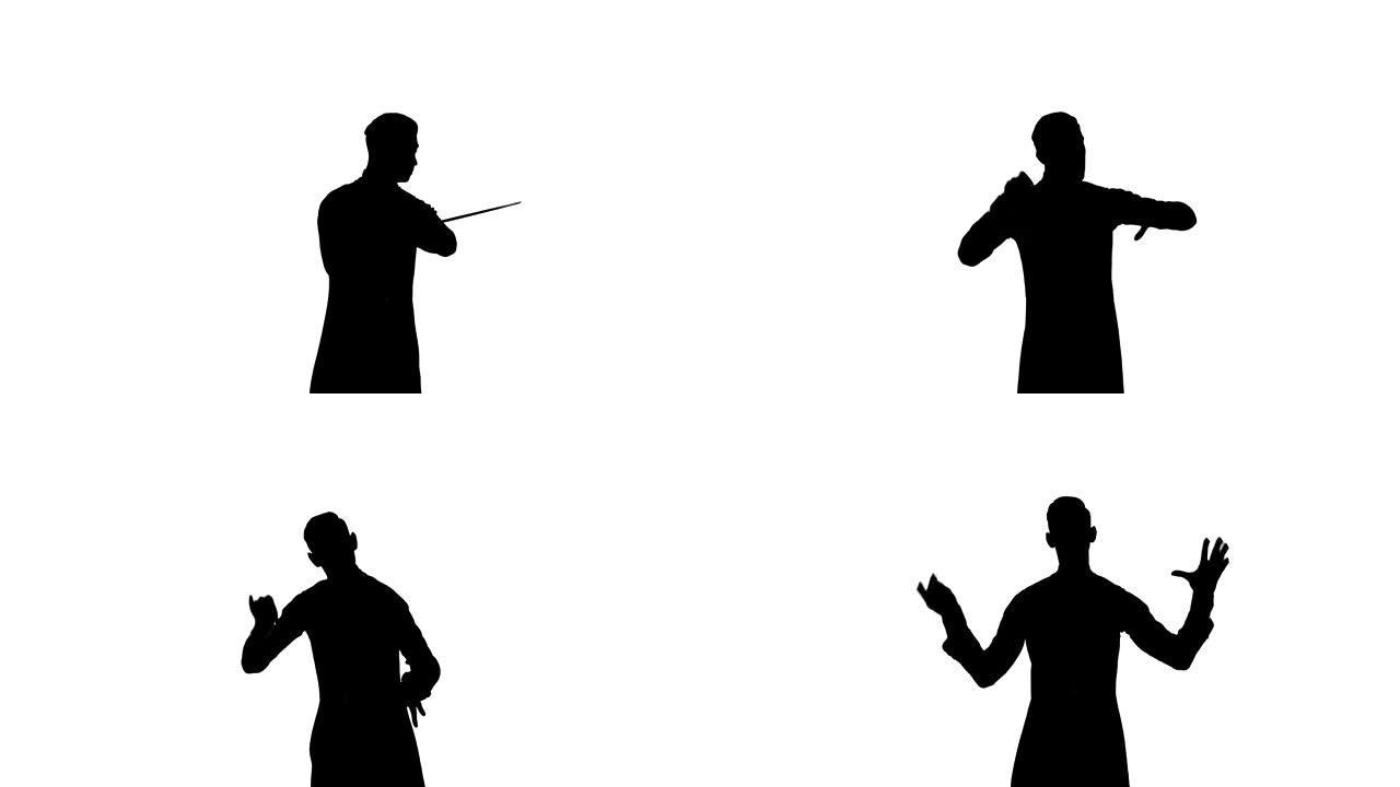 乐团领导的黑色剪影穿着西装，使用指挥棒使音乐家同步。Maestro正在指导音乐家在白色工作室背景上移