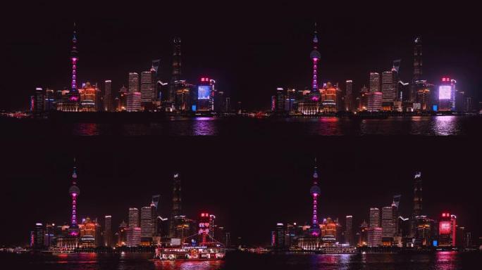 中国-2019年1月-上海天际线-夜间紫光外滩-黄浦江驳船通过