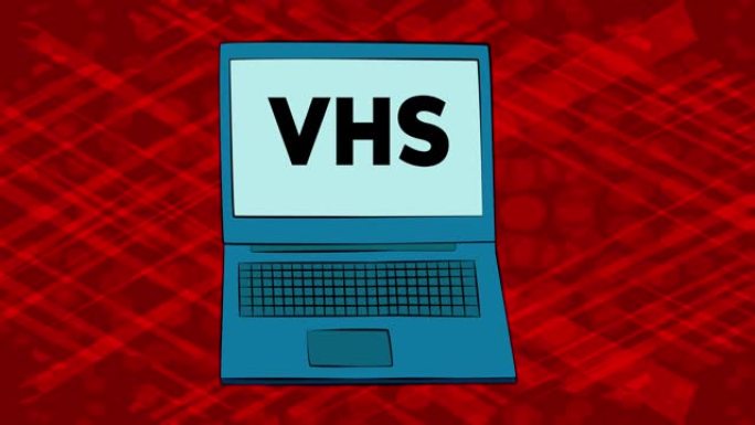 屏幕上有VHS字样的笔记本电脑。4k漫画书风格动画。