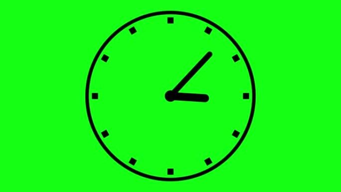 绿色背景上有移动箭头的时钟。12小时循环动画中的时钟动画