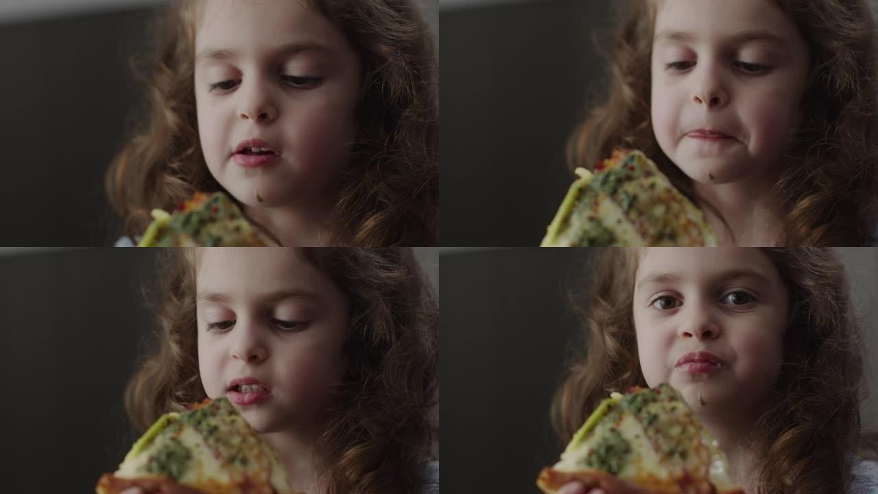 小女孩的肖像被胃口大的美味披萨咬掉了