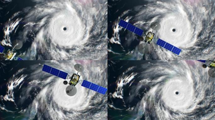 背景上的热带气旋，虚构的气象卫星飞过，3d动画。所有纹理都是在图形编辑器中创建的，没有照片和其他图像
