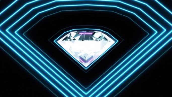 4k抽象水晶钻石霓虹灯VJ循环背景循环动画。3d渲染美丽的水晶钻石宝石闪亮圆形折射彩虹反射。