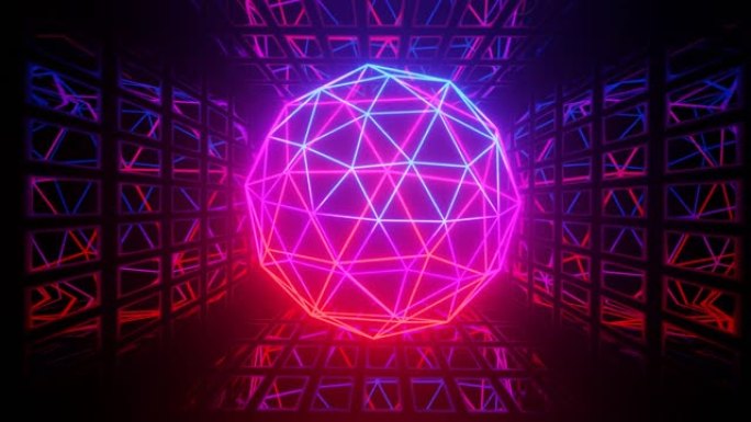 Vj环形镜室，带飞霓虹灯框架球体结构。抽象的节日bg与明亮的反射。黑暗房间迪斯科灯。霓虹灯无缝循环b