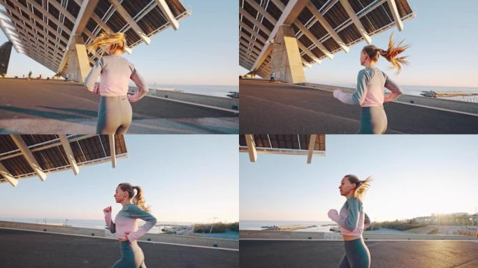 现代沿海城市堤防区千禧一代女性慢跑