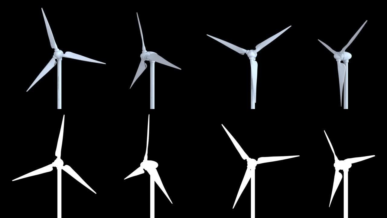 可循环: 风力涡轮机亮度哑光通道。风车，环境概念，阿尔法通道。
