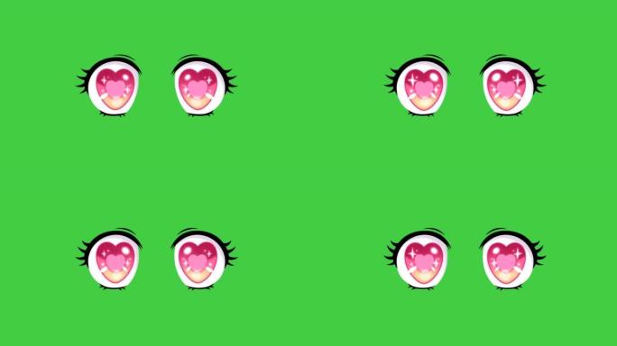 动画脸在绿色背景上标记恋爱的迹象。