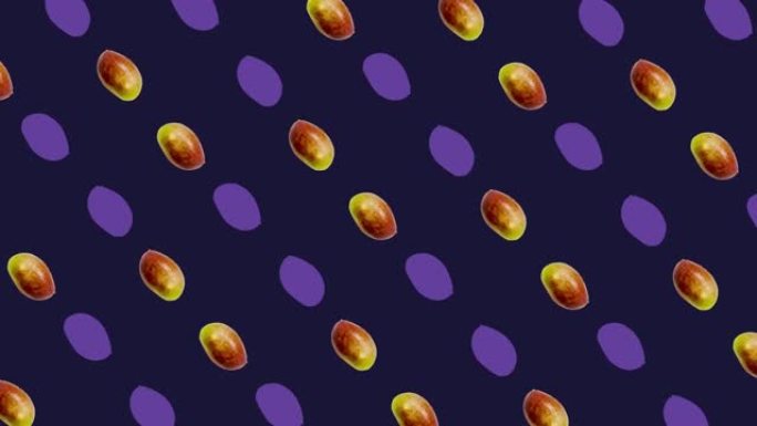 紫罗兰色背景下新鲜芒果的彩色图案。顶视图。芒果无缝图案。波普艺术设计。逼真的动画。4k视频运动