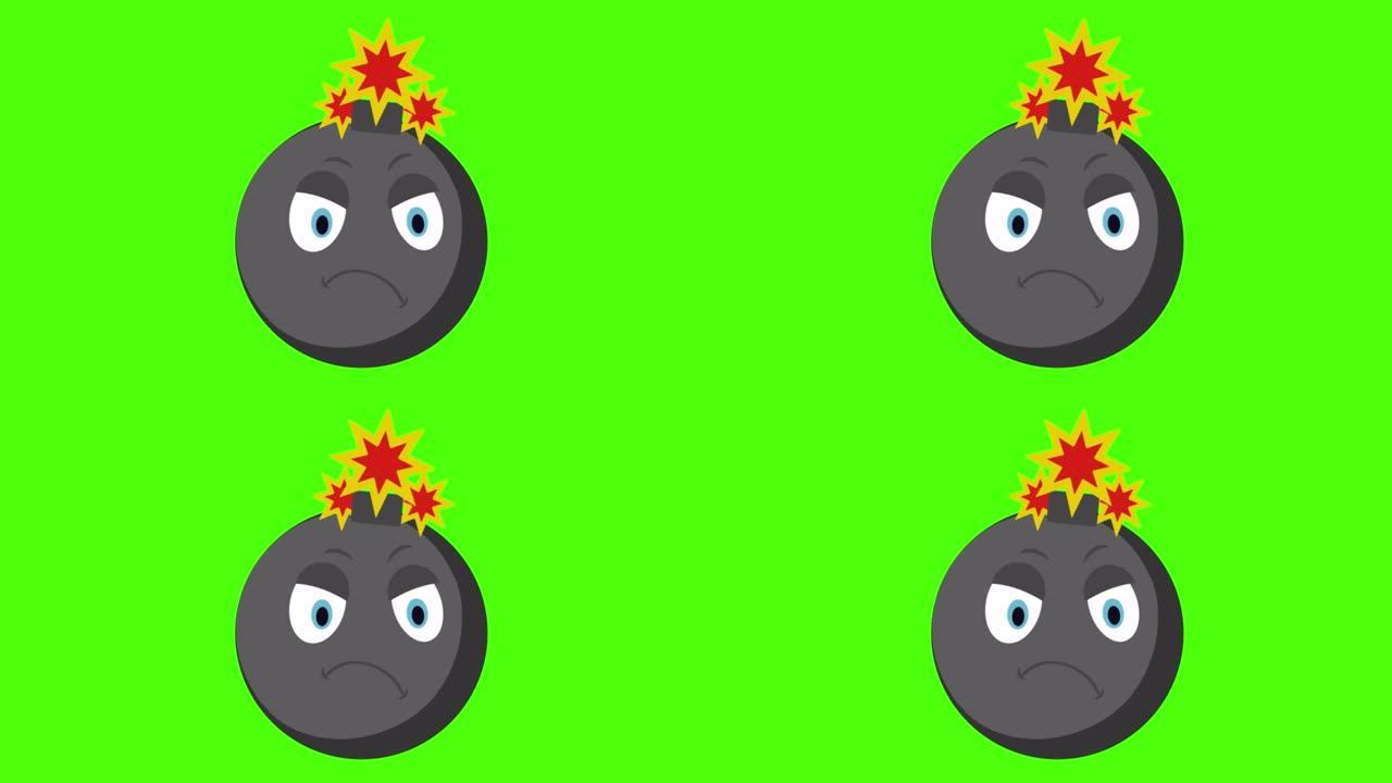 绿色背景上愤怒的黑色圆形炸弹表情符号脸的3D动画