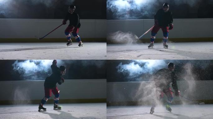 曲棍球运动员带着聚光灯和烟雾滑过一个黑暗的冰场，用曲棍球棒击中冰，然后将冰粉扔进相机。慢动作。特写