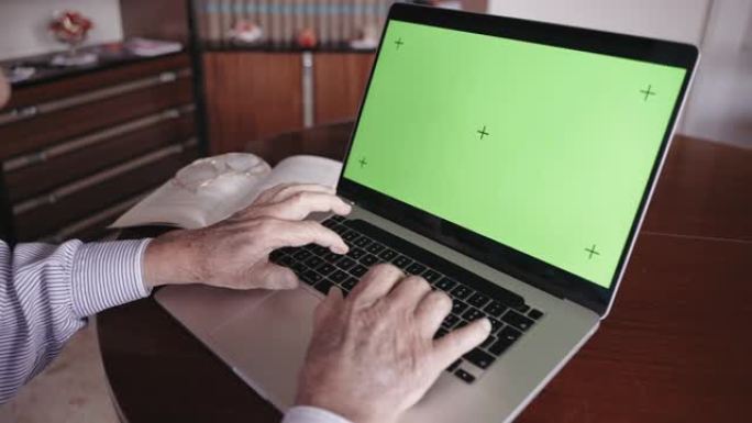 退休的意大利老作家用绿屏色键模型在电脑键盘上打字，资深作家为图书版制作他的人生故事。双手皱巴巴的老人