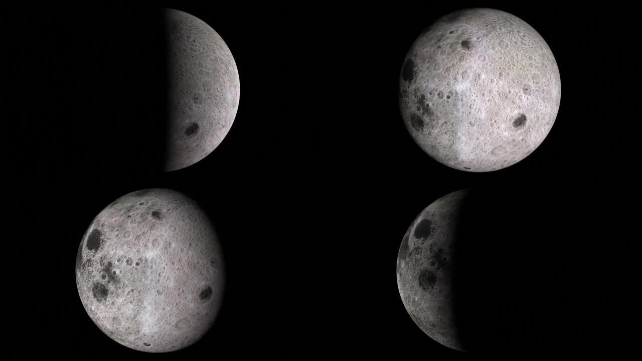 满月到新月。月球相位的循环3D动画延时。4k，黑色背景上的3d渲染完整的月球循环动画。