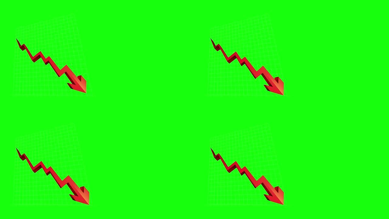向下箭头动画图标。经济简单移动箭头股票视频-动画画面显示波动下降趋势，向下红色箭头图表股票视频孤立在
