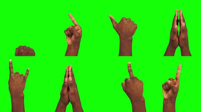 绿色屏幕上显示的30种肢体语言手势，黑色男性手
