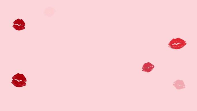 带有红色唇膏的唇印出现并消失在粉红色背景上。度假时亲吻。高质量4k镜头
