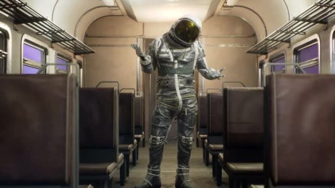 宇航员在星际空间火车中以超光速行驶时发出质疑的手势。幻想太空旅行的概念。动画非常适合空间和科幻背景