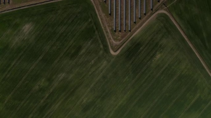 自上而下平移绿色农田的镜头。光伏电站中排太阳能电池的揭示。绿色能源、生态和减少碳足迹概念