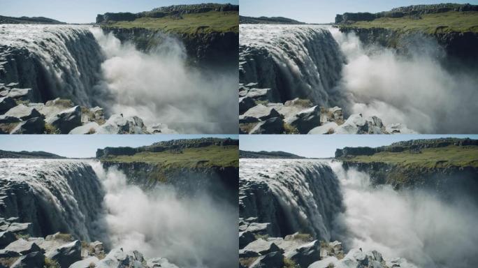 令人印象深刻的强大Dettifoss瀑布，前景为悬崖边缘，冰岛，欧洲