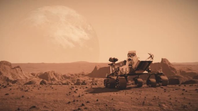 NASA火星发现漫游者穿越火星表面。火星表面的红色污垢。先进技术、太空探索/旅行、殖民概念。人类的重