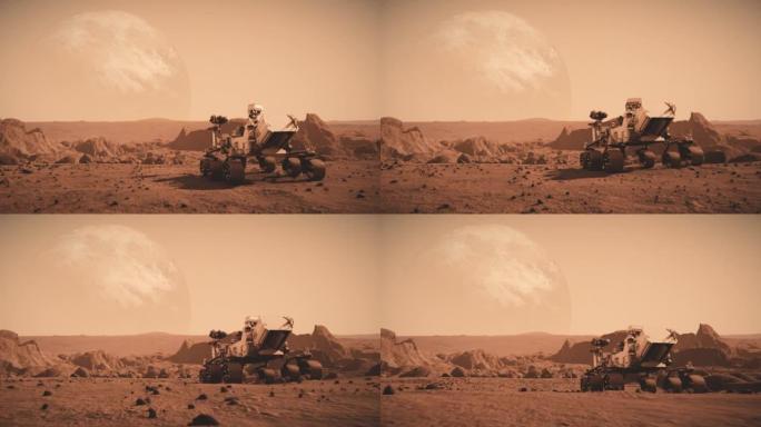 NASA火星发现漫游者穿越火星表面。火星表面的红色污垢。先进技术、太空探索/旅行、殖民概念。人类的重