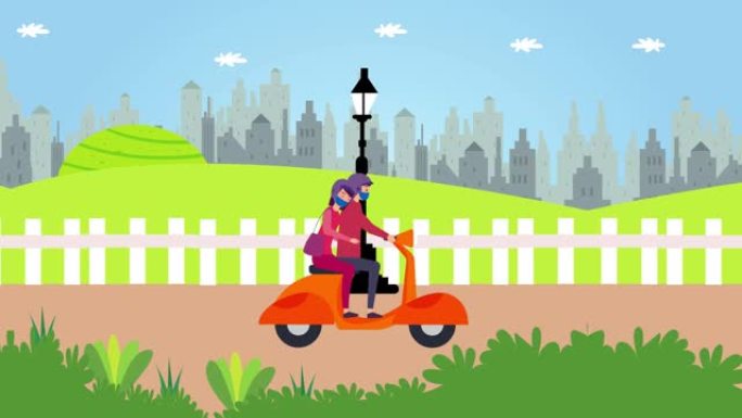 年轻夫妇一起在公路上骑踏板车