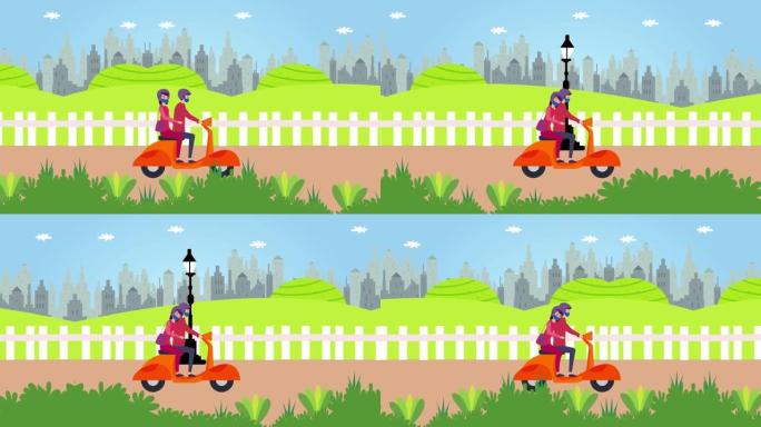 年轻夫妇一起在公路上骑踏板车