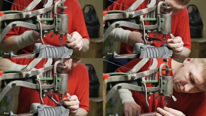 制鞋商用一台旧的机械缝纫机缝制运动鞋的接缝